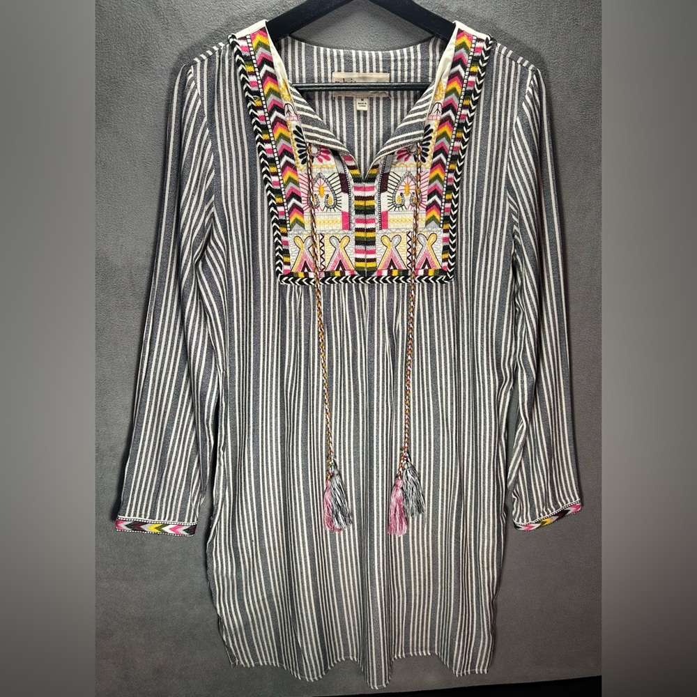Philosophy Embroidered urban Tassel Stripe Bohemian Tunic Dress Small-Medium